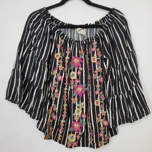 Savanna Jane Top Womens Small Bell Sleeve Embroidered Floral Stripe Off Shoulder